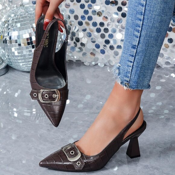 Burgundy Women Slingback Kitten Heels Pointed Toe Pumps Shoes with Buckle Strap - Picture 5 of 8